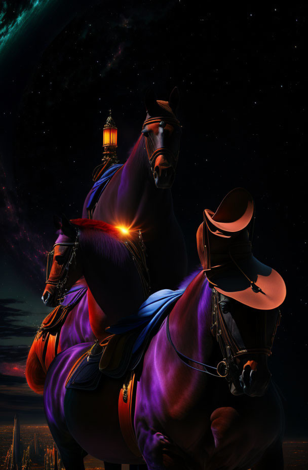 Majestic purple horses under starry night sky with galaxy and lighthouse