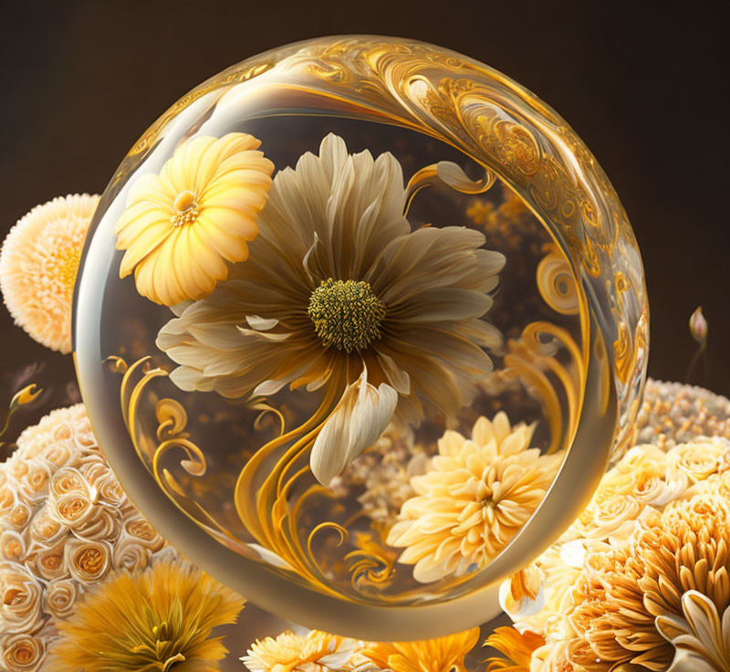 Translucent sphere with daisy, gold patterns, yellow flowers, dark background