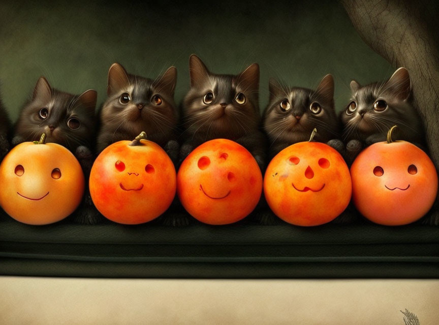 Five black kittens with smiling pumpkins in a cute Halloween scene