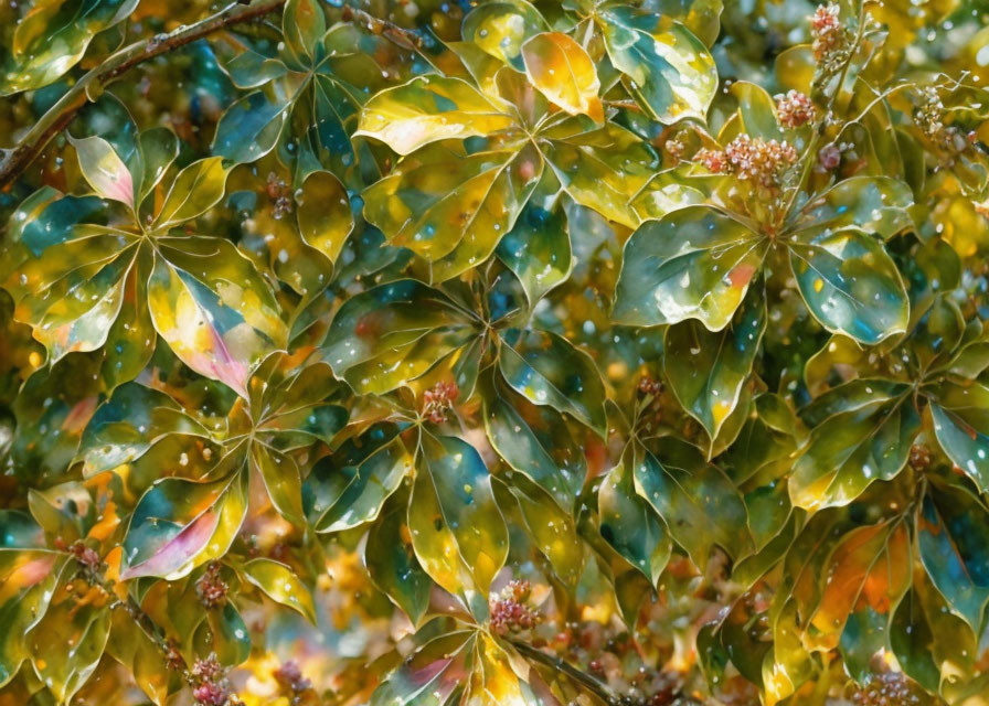 Vibrant green foliage with wet leaves, blooming flowers, and glistening water droplets.