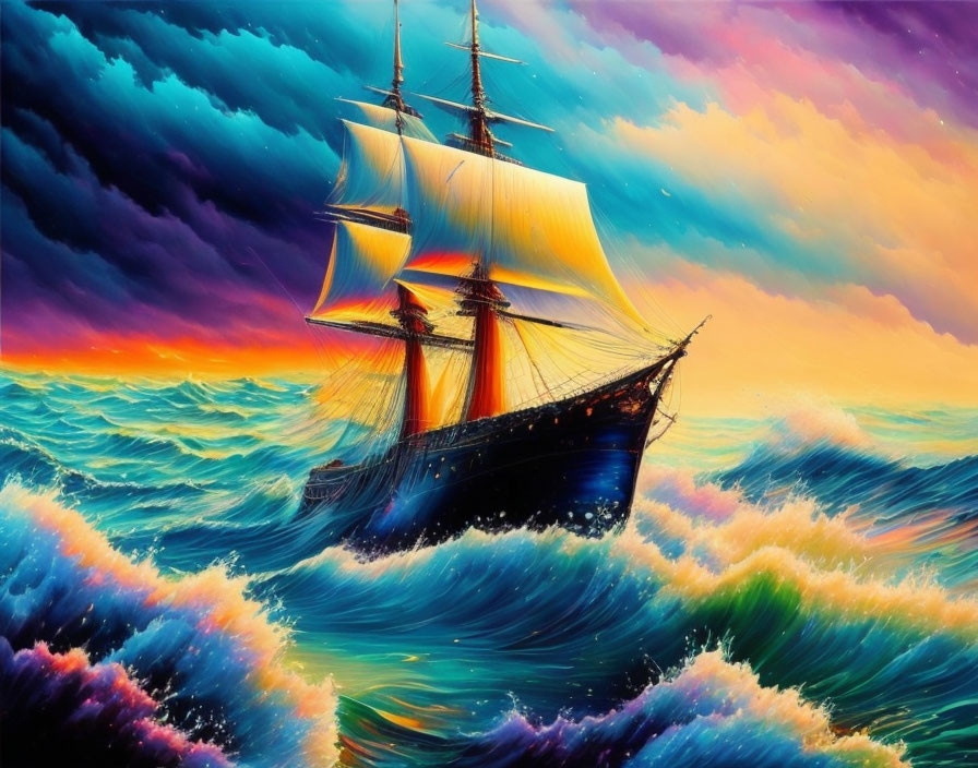 Colorful painting of sailing ship on tumultuous sea at sunset/sunrise