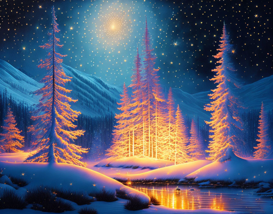 Snow-covered pine trees in serene winter night with reflective river and starry sky