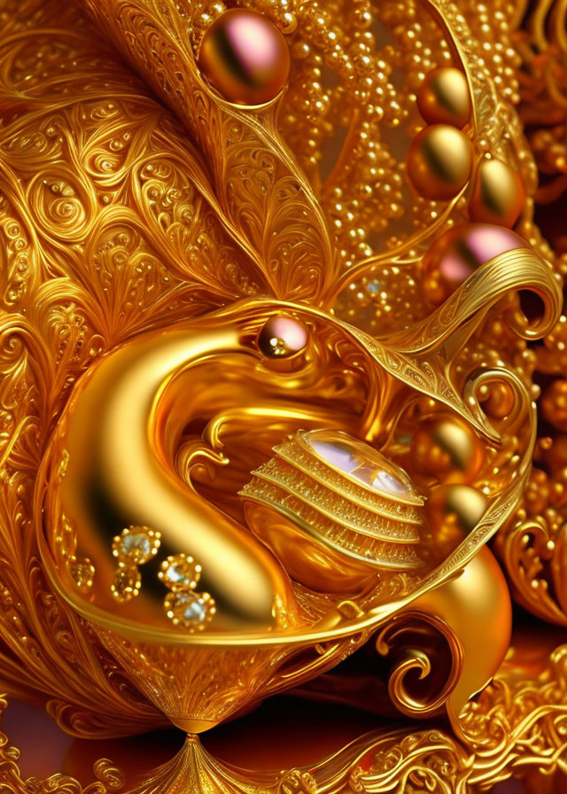 Luxurious digital art with golden patterns and reflective spheres