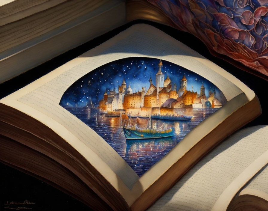 Book pages shaped as heart with nocturnal cityscape and starry sky.