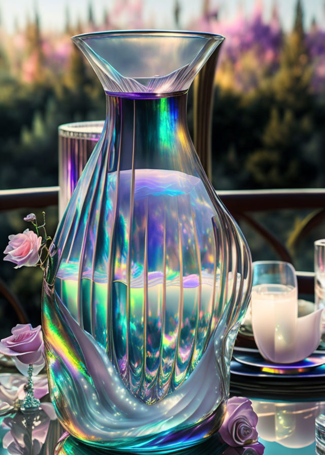 Iridescent glass vase on table with roses, candles, purple flowers, and greenery