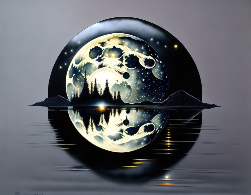 Surreal painting of moon reflected in water with trees, mountains, and stars