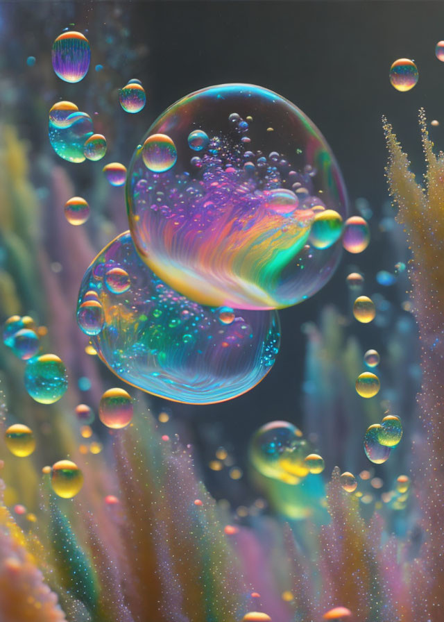 Colorful iridescent bubbles over vibrant coral-like structures.