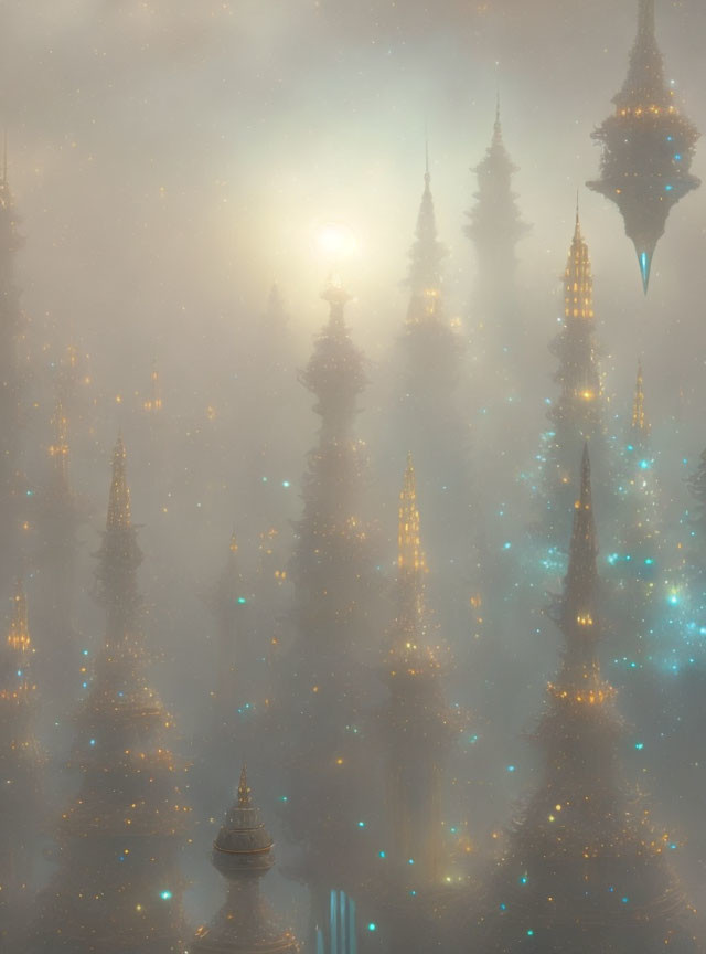 Illuminated towers in foggy, golden ambiance with scattered blue lights.