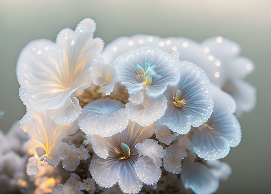 Delicate white and blue bioluminescent creatures in soft glow