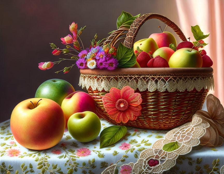 Wicker basket with apples and colorful flowers on lace table - Still life image