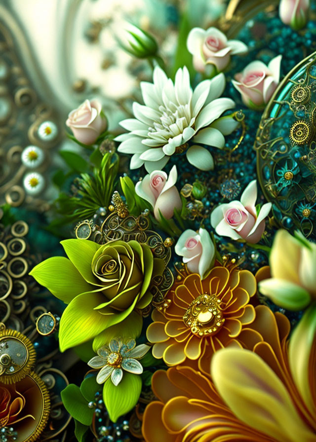 Colorful digital artwork: ornate textures, stylized flowers, green, white, yellow hues,