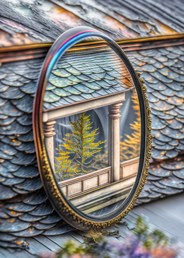 Oval mirror reflecting window, tree, and roof under clear blue sky