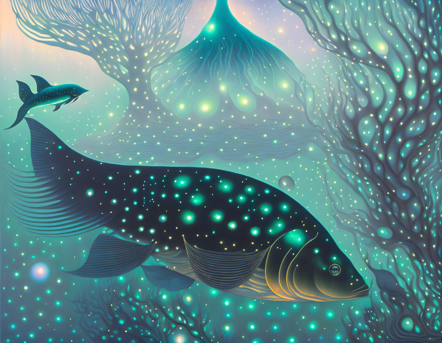 Fantasy underwater scene with large starry fish and glowing coral structures