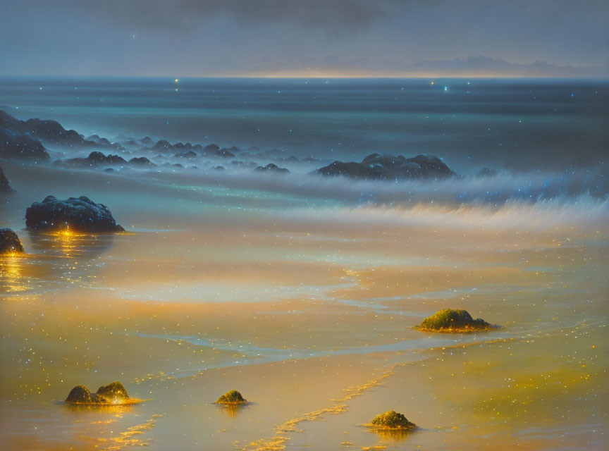 Tranquil dusk seascape with golden light and misty atmosphere