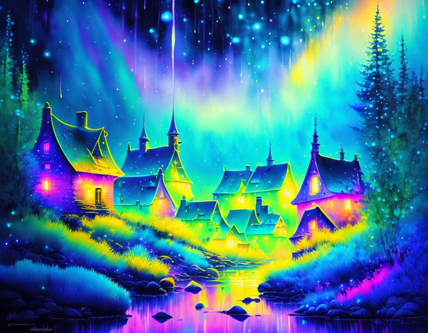 Whimsical village digital artwork with neon-lit cottages, aurora night sky