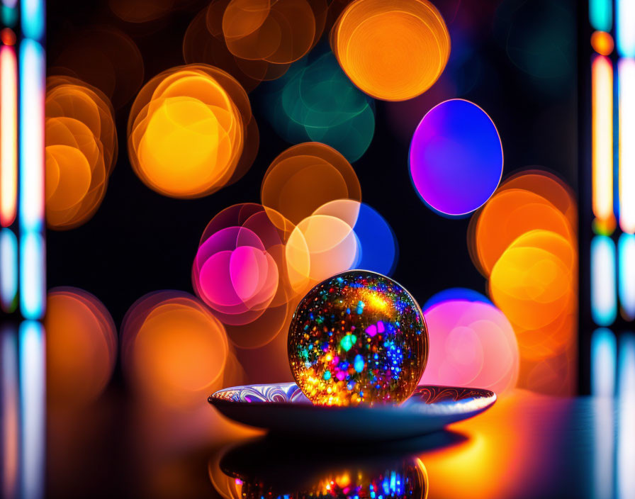 Shiny crystal ball on stand with colorful bokeh lights