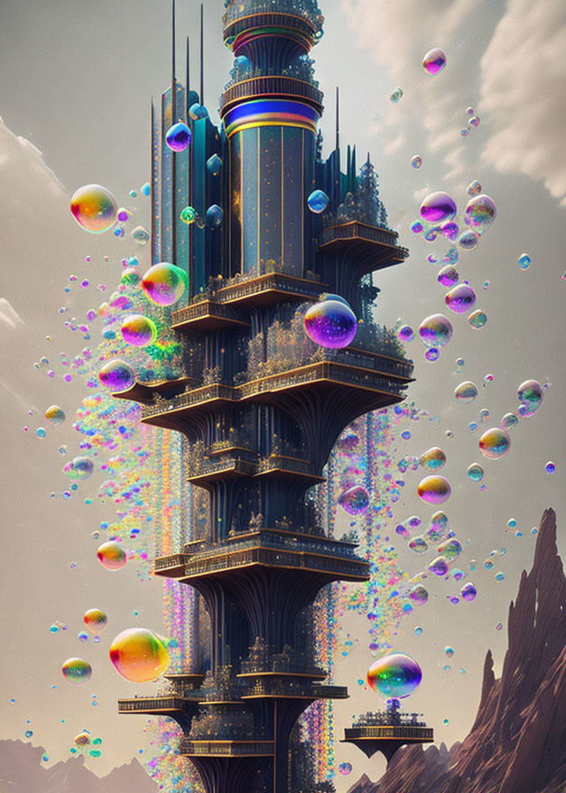 Vibrant colorful tower with spires in fantastical landscape