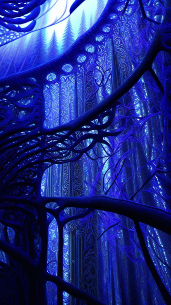 Blue Lit Abstract Background with Tree-like Silhouettes