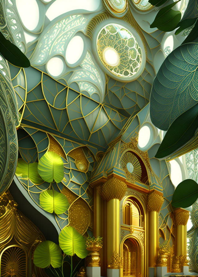 Golden architecture and lush green leaves blend in art-nouveau digital scene