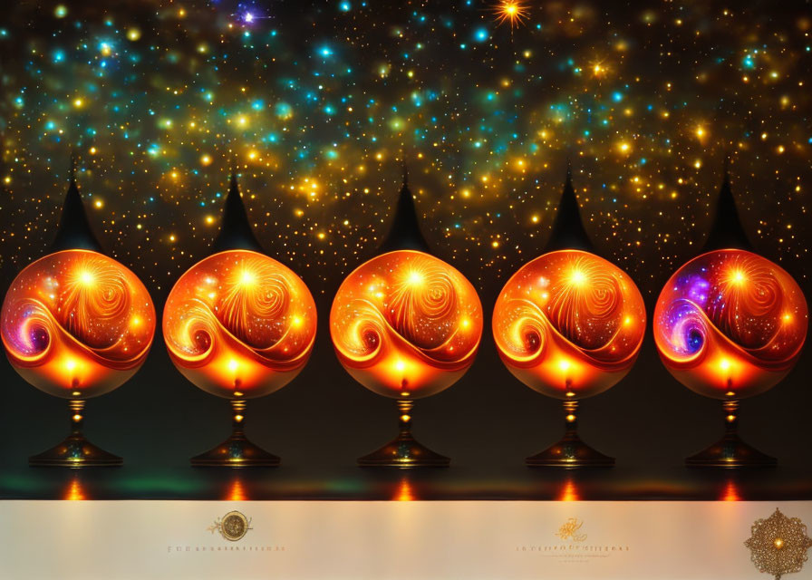 Five ornate glass spheres with swirling patterns on starry background.