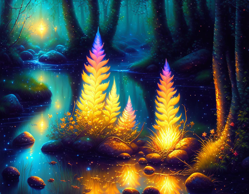 Colorful Fantasy Woodland with Glowing Plants by Tranquil River