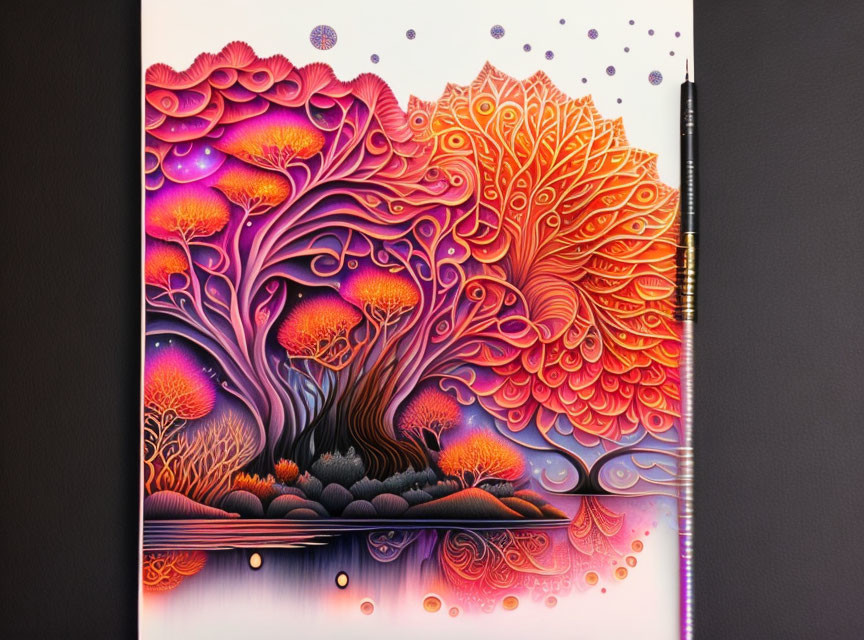 Colorful psychedelic tree art with intricate patterns and glowing accents next to a notebook