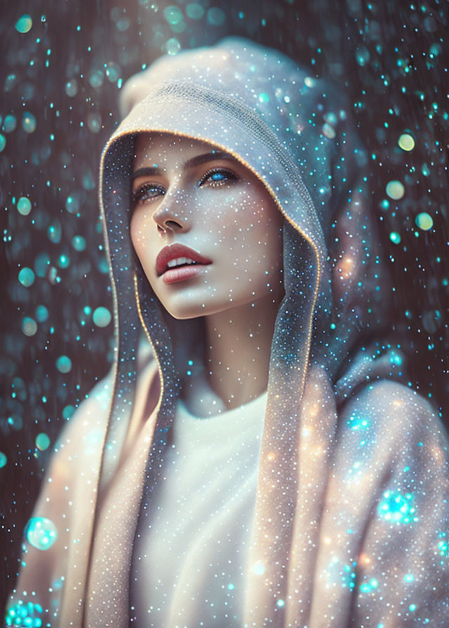 Fair-skinned person with blue eyes in hooded garment under shimmering particles