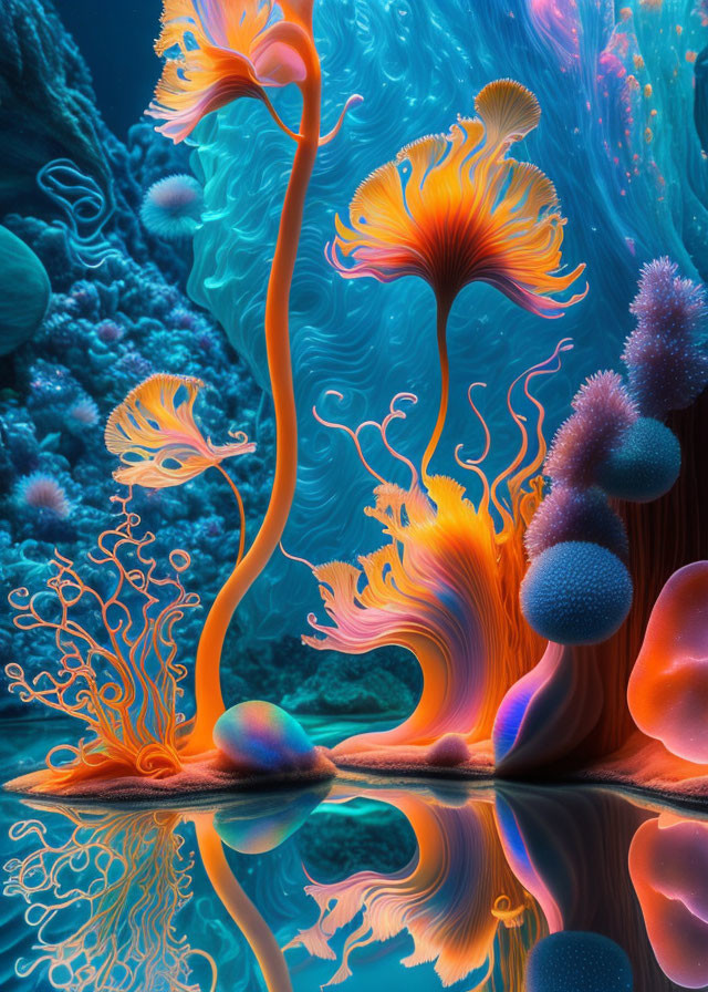 Colorful Coral-like Structures Reflecting in Underwater Scene