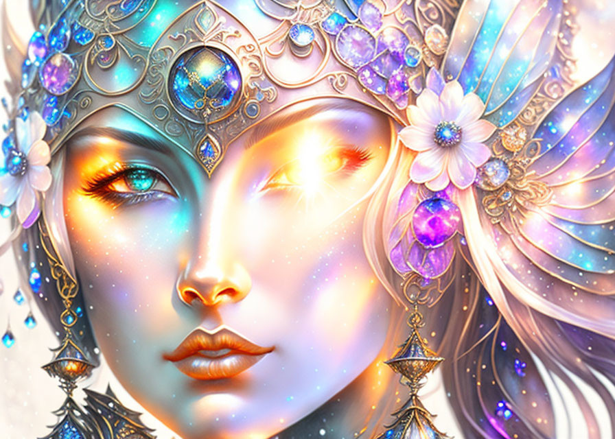 Vibrant digital artwork: woman with fantasy headpiece and cosmic glow