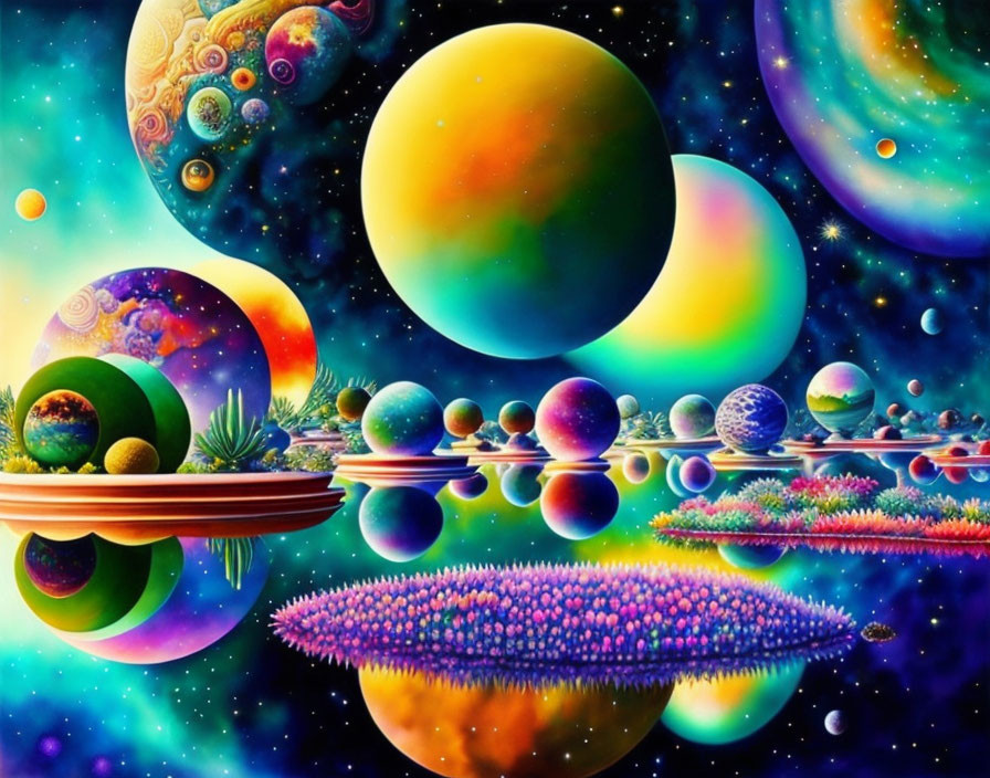 Colorful surreal cosmic landscape with planets, stars, and floating islands