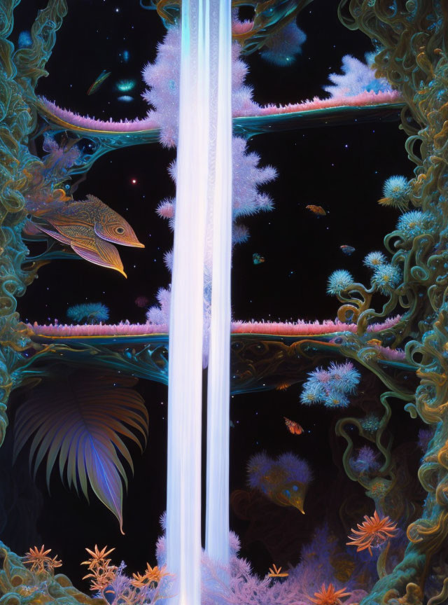 Surreal artwork: Vertical light beam with fish, cosmic and floral patterns