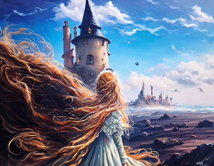 Woman with flowing hair gazes at coastal castle and birds in dramatic sky