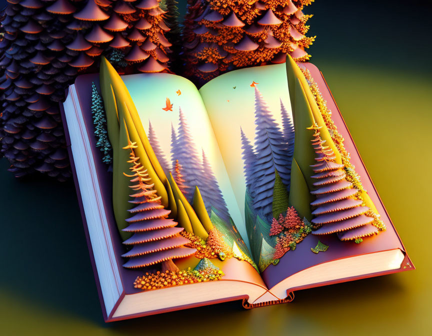 Open Book with Three-Dimensional Autumn Forest Scene