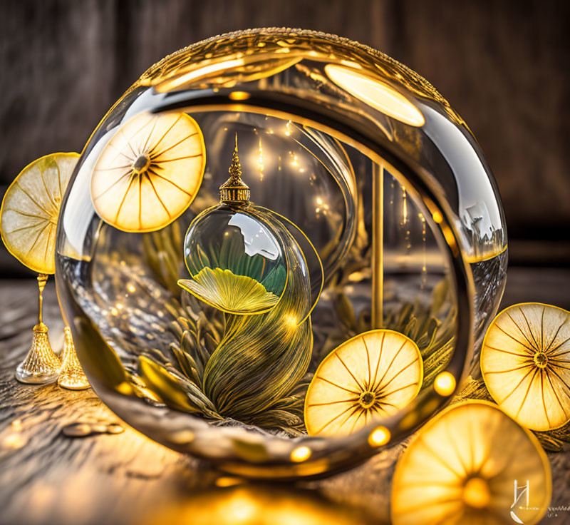 Glass Sphere Reflects Room with Golden Trims and Dried Citrus Slices