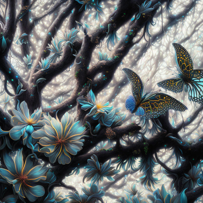 Fantasy artwork: Vibrant blue flowers, butterflies, dark tree branches, mystical glowing backdrop