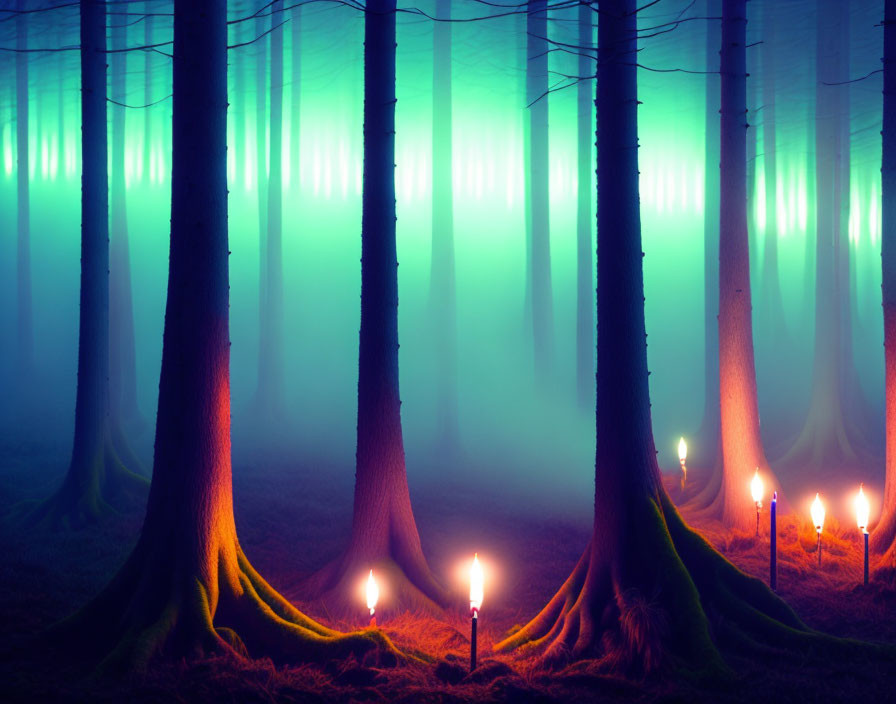 Enchanting night forest with soft green light, candles, and fog