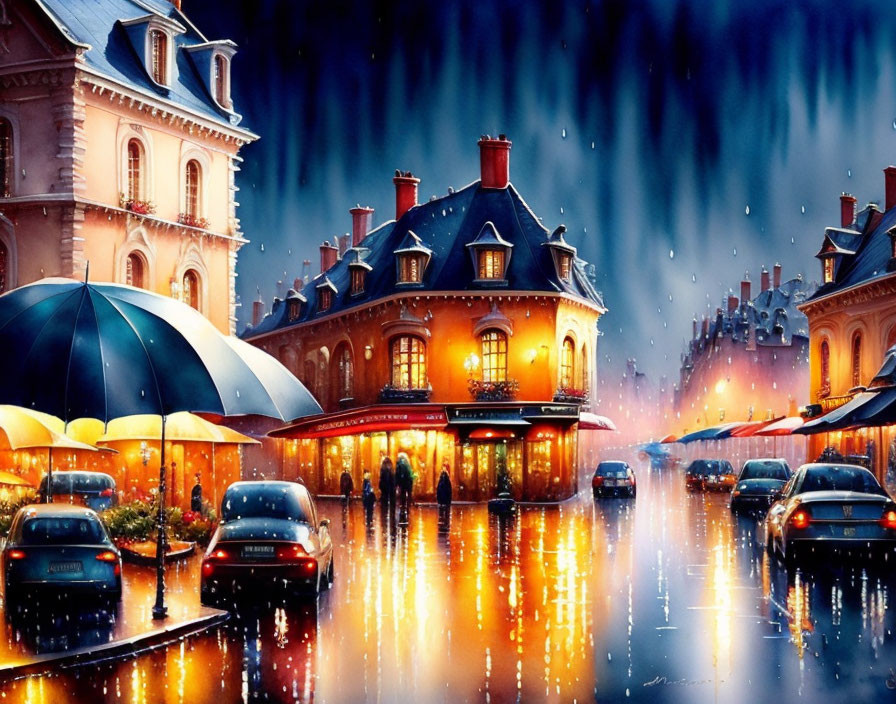 City street painting: Rainy evening scene with illuminated buildings and people holding umbrellas