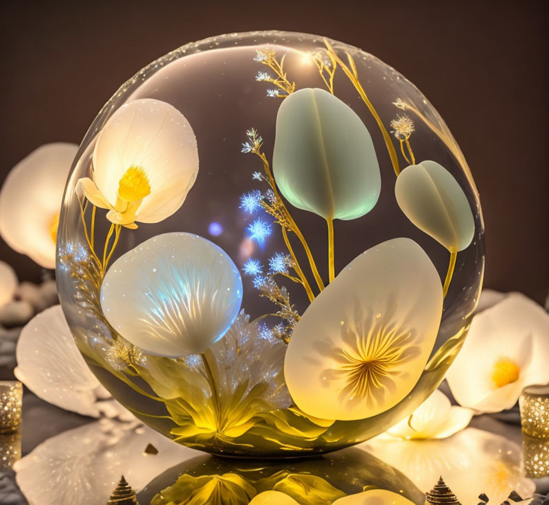 Transparent Glass Sphere with White and Gold Glowing Flowers on Dark Background