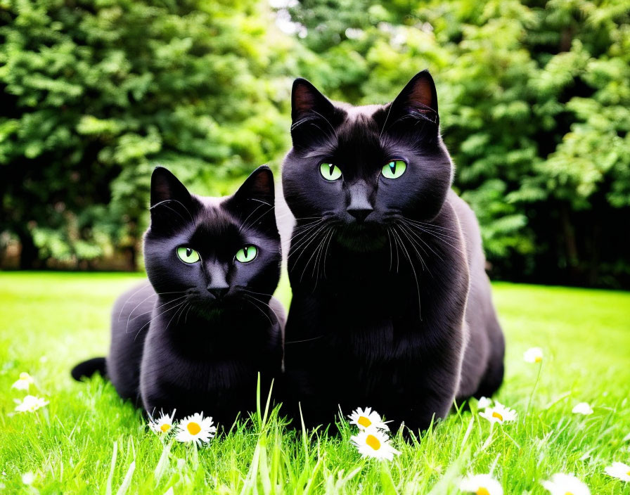 Two black cats with green eyes in a grassy field with white daisies