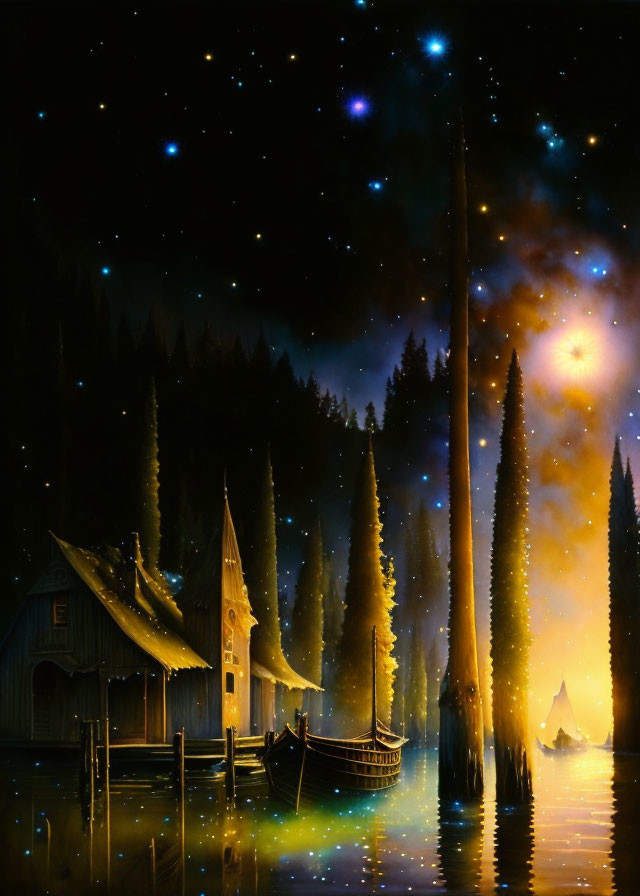 Tranquil lakeside night scene with wooden boat, cabin, trees, starry sky.