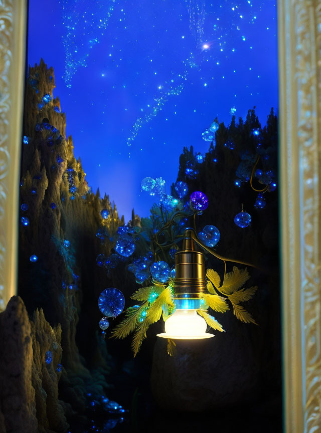 Ornate lamp lighting magical forest scene with blue lights, crystals, and starry night backdrop through