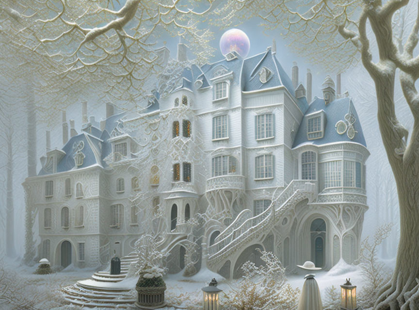 Snow-covered Victorian mansion in frosty landscape with bare trees, streetlamps, and full moon.