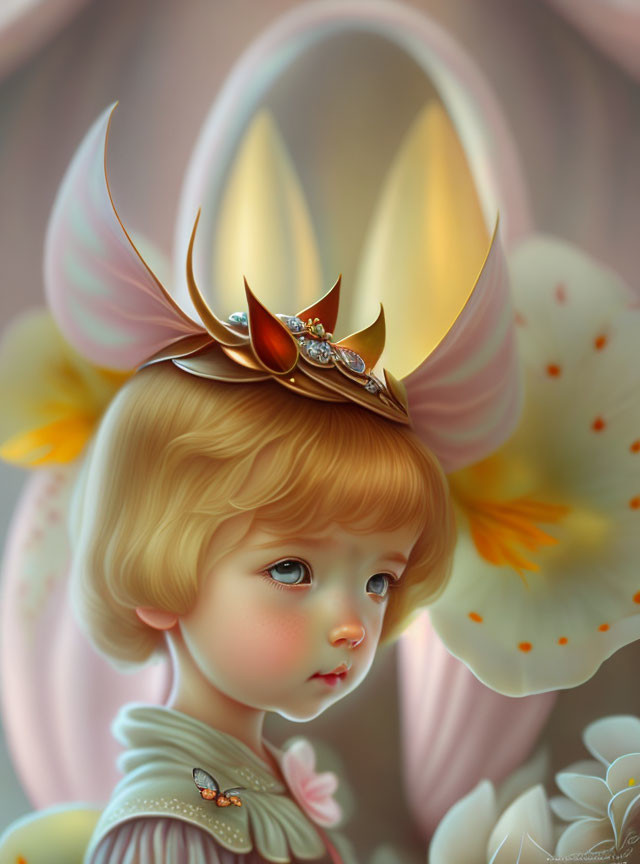 Young Child with Blond Hair Wearing Golden Jeweled Crown Among Flowers