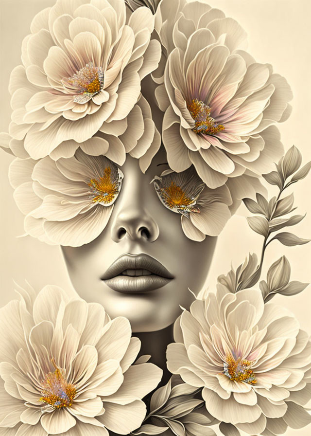 Woman's face merged with cream flowers in artistic depiction