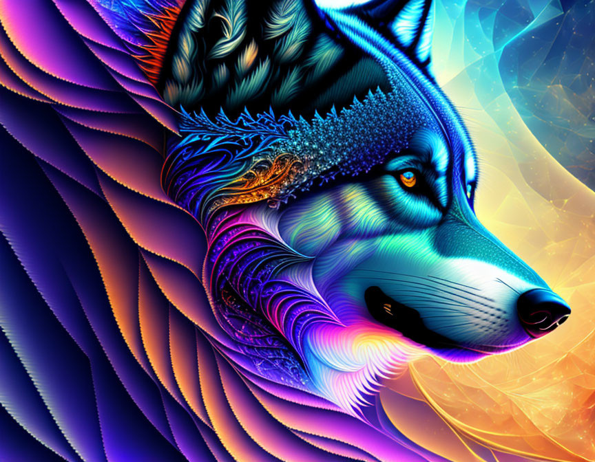 Colorful Wolf Artwork with Neon Effects on Cosmic Background