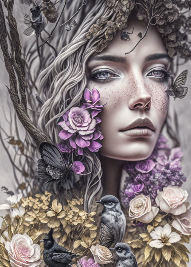 Woman's surreal portrait with floral and fauna elements blending with her hair.