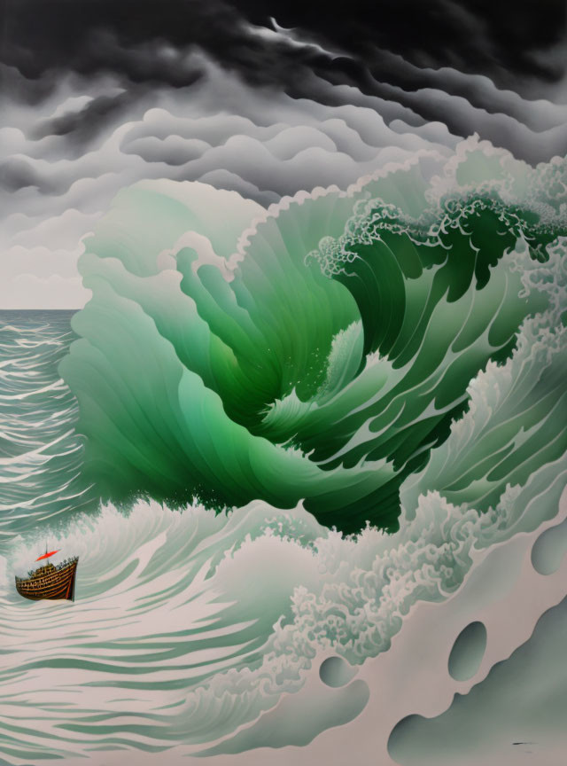 Stormy seascape painting: small boat vs. giant green wave