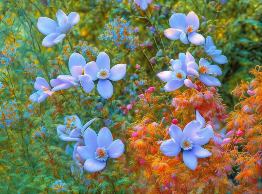 Colorful Garden Scene with Pinkish-Blue Flowers and Orange-Green Foliage