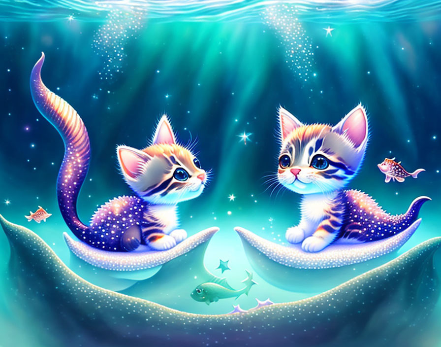 Fantasy kittens with mermaid tails in underwater scene with stars and fish.