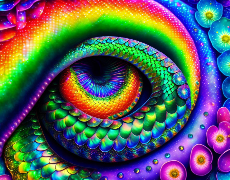 Colorful digital artwork: stylized reptilian eye with psychedelic patterns